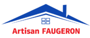 Logo Artisan FAUGERON : toit bleu avec cheminée et fenêtre, texte en lettres capitales rouges sur fond blanc.
