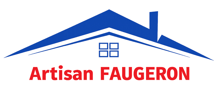 Artisan FAUGERON - Services de Toiture et Rénovation Logo Artisan FAUGERON : toit bleu avec cheminée et fenêtre, texte en lettres capitales rouges sur fond blanc.