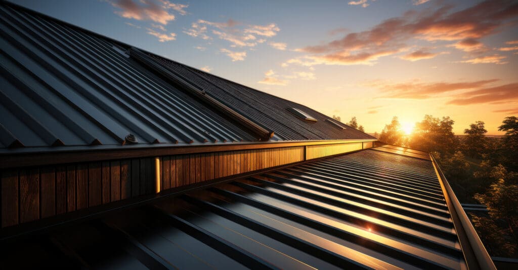 Toiture métallique noire moderne reflétant un coucher de soleil chaleureux sur une maison contemporaine en bois.